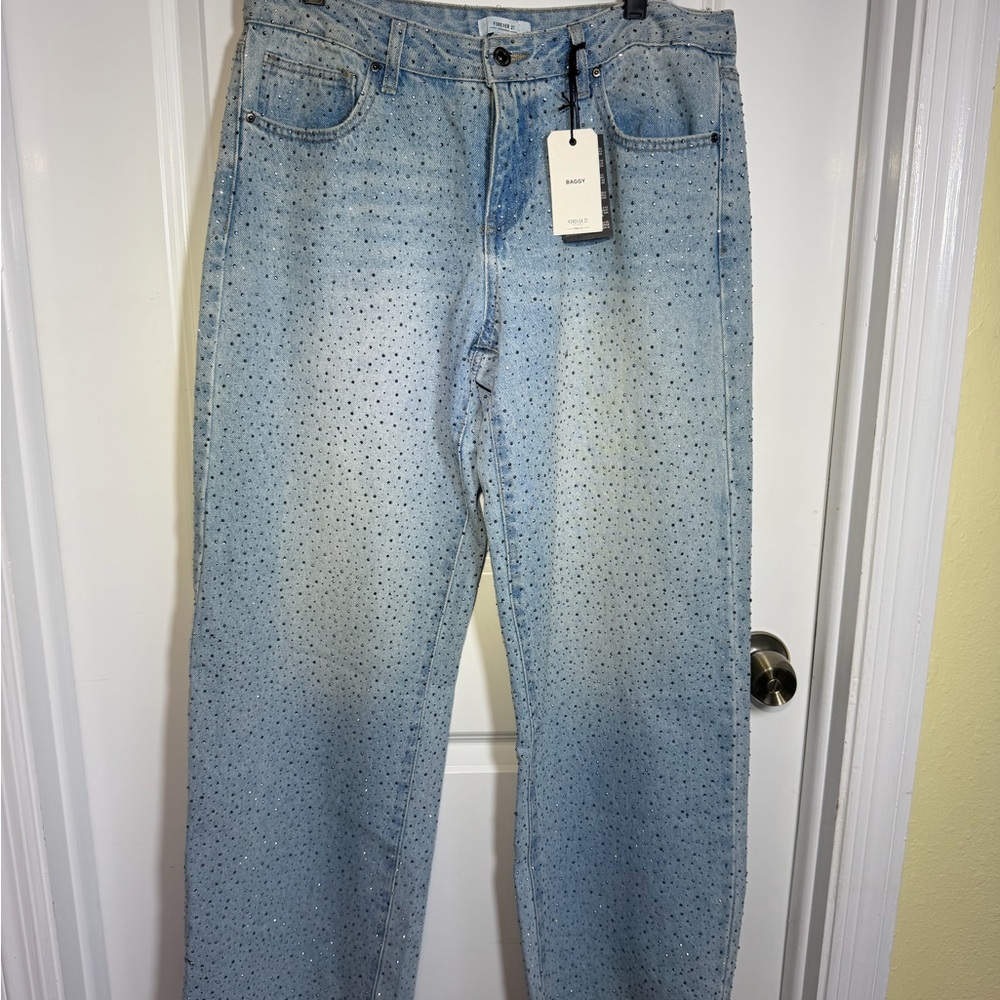 Light Wash Rhinestone Straight Jeans
